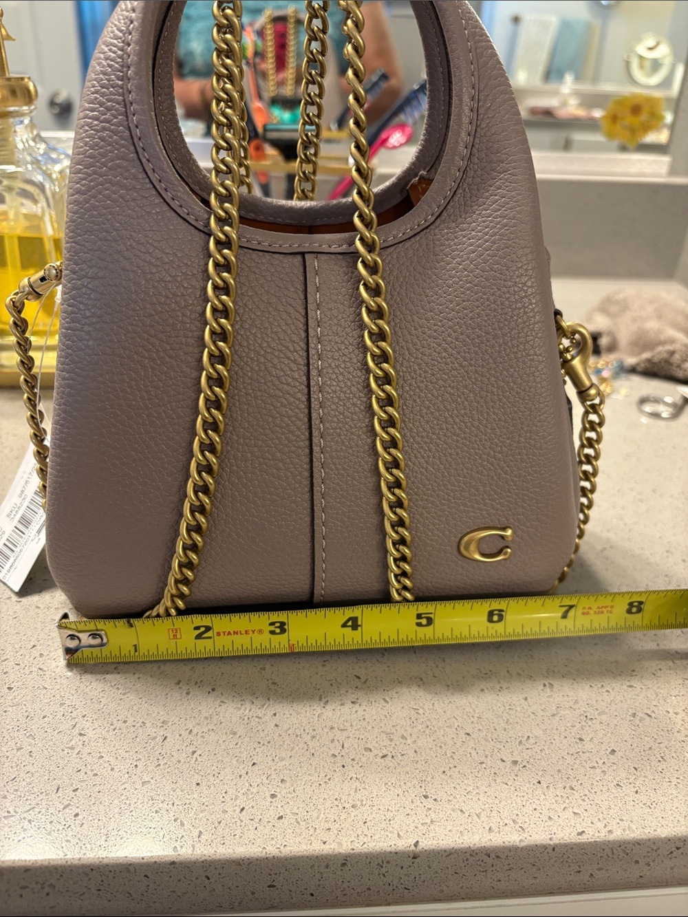 Coach Pebbled Leather Mini Shoulder Bag in Taupe with Gold Chain